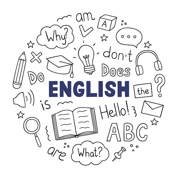 the words english are surrounded by doodles and other things that can be seen in this image