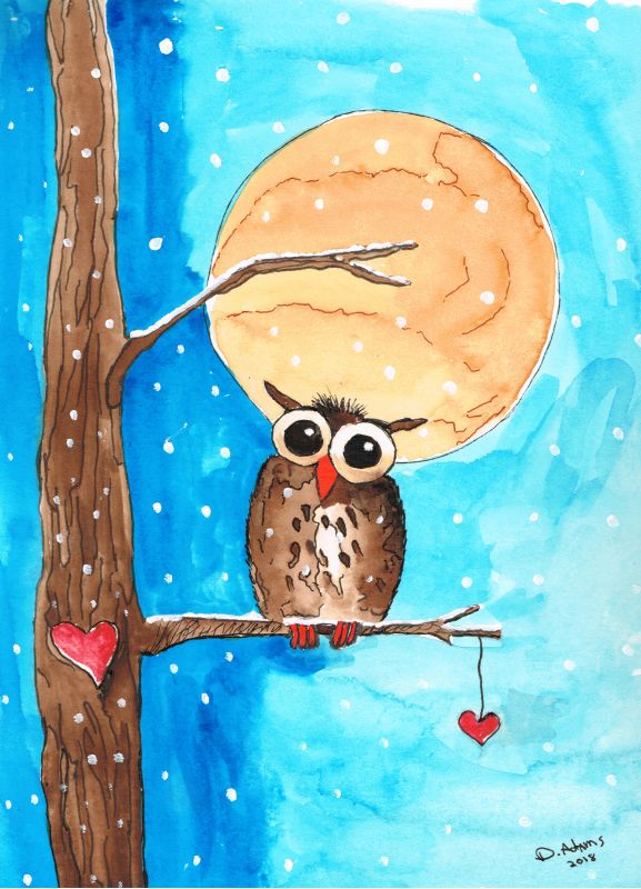 an owl sitting on a tree branch with a full moon in the sky above it