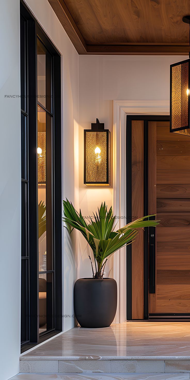 a plant in a pot sitting on the floor next to a door and some lights