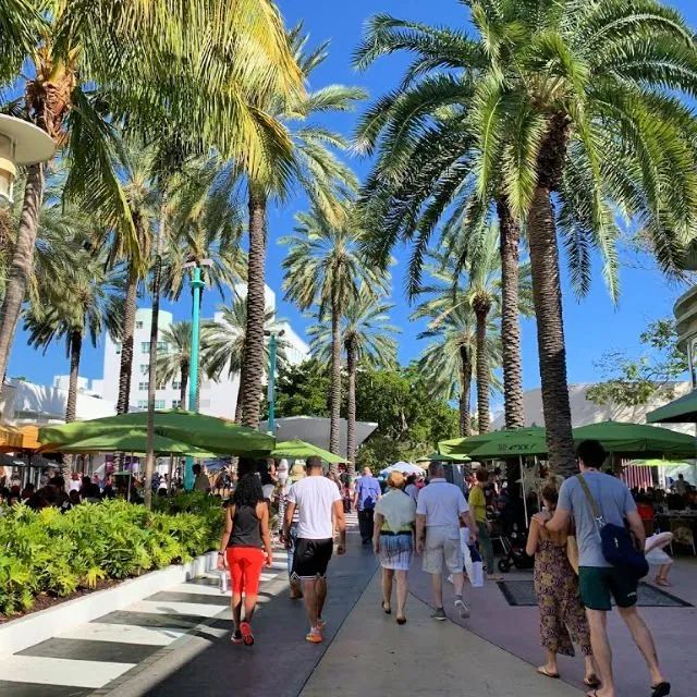 people walking down the sidewalk in front of palm trees