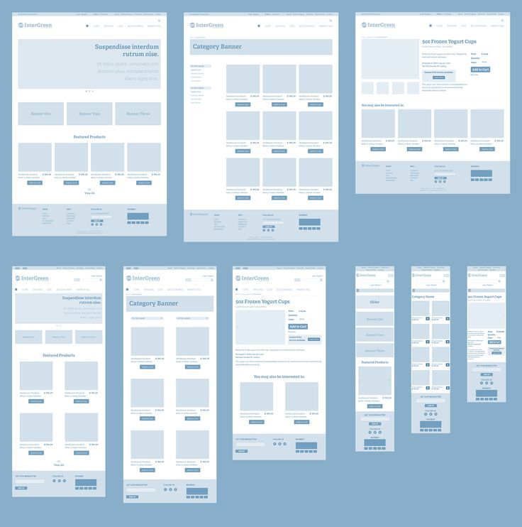 six different web pages on a blue background