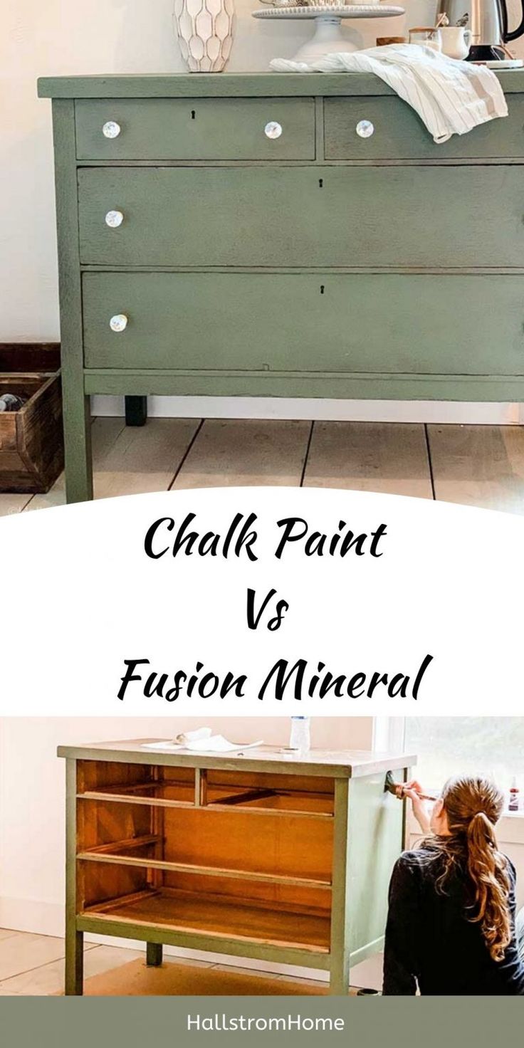 an old dresser is painted green and has the words chalk paint versus fauxn mineral