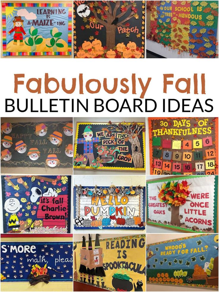 a collage of bulletin boards with the words fabulously fall written on them