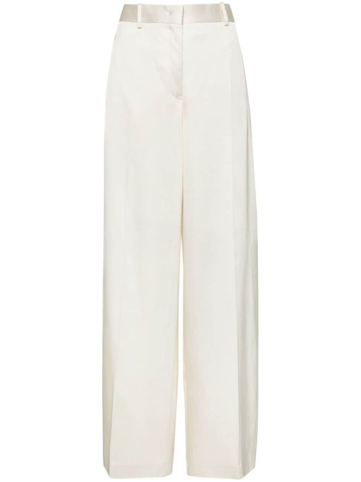 ivory white twill weave belt loops pressed crease two side inset pockets two rear welt pockets wide leg concealed front button, hook and zip fastening Woven Belt, Twill Weave, Cotton Viscose, Pants Straight, Ivory White, Jil Sander, Sanders, Straight Leg Pants, Welt Pockets