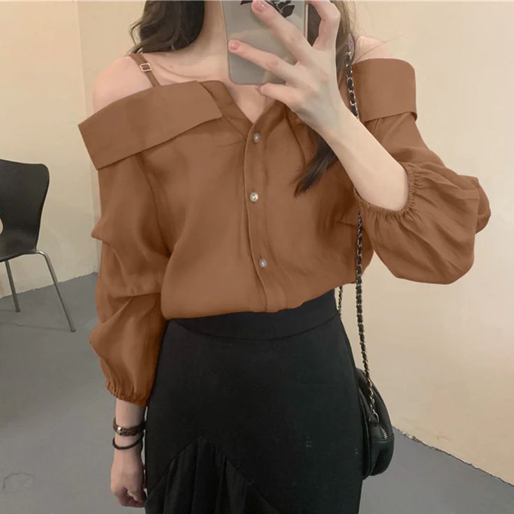 Long Sleeve Sexy Off Shoulder With Straps Blouse Shirt ��– Tomscloth Brown Summer Office Tops, Brown Summer Office Top, Casual Party Tops With Collar, Brown Long Sleeve Office Top, Casual Brown Top For Office, Casual Brown Office Top, Casual Padded Blouse For Party, Trendy Brown Blouse, Casual Collar Padded Blouse