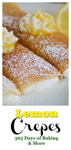 lemon crepes with powdered sugar on top and lemons in the background