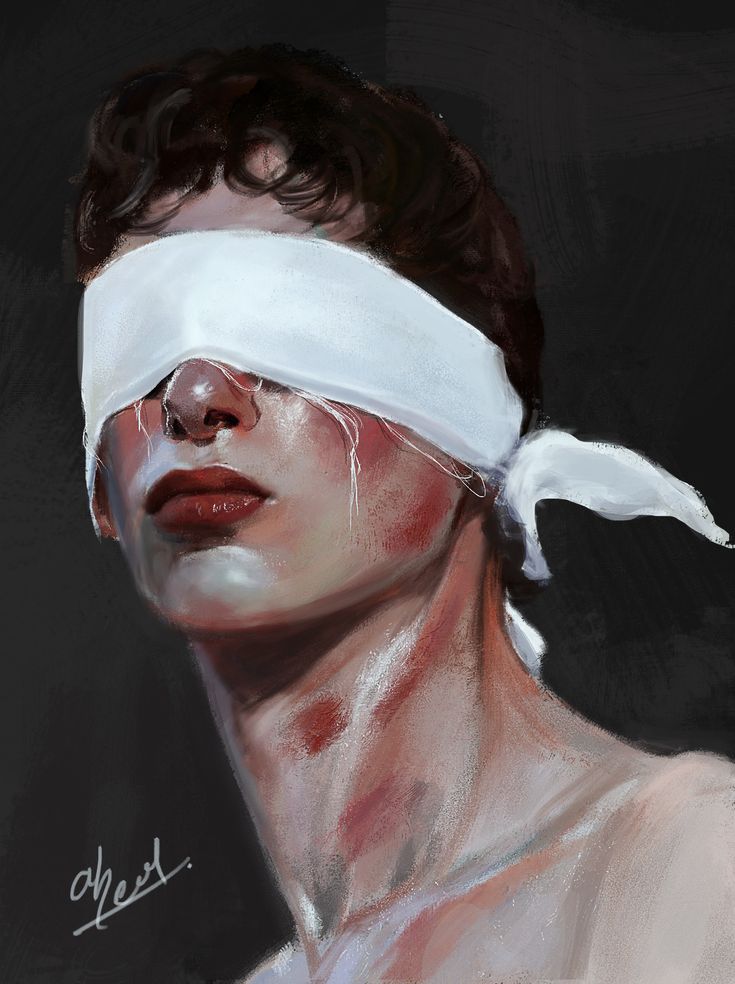 a painting of a woman with a blindfold on her head and eyes covered in bandages