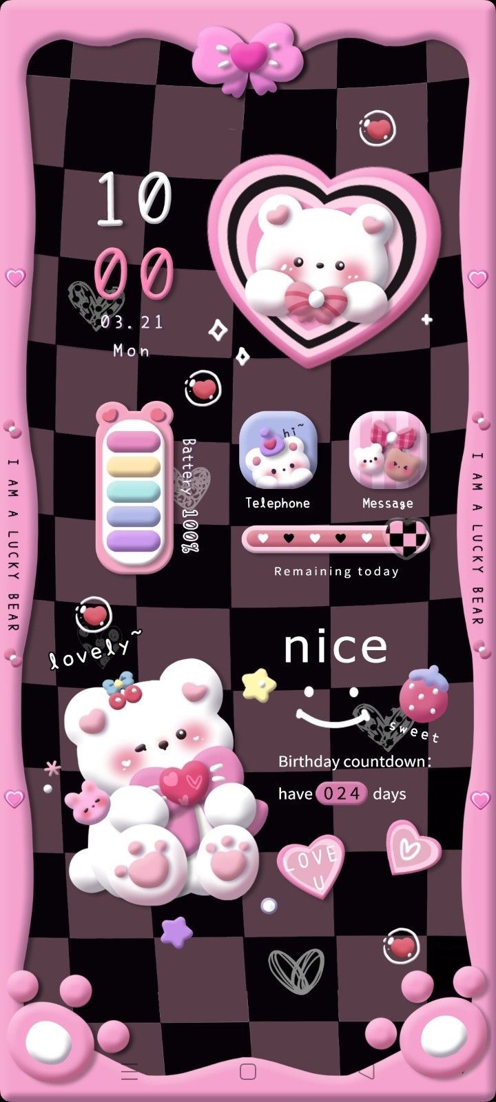 a pink and black checkered background with hearts, teddy bears, and other items