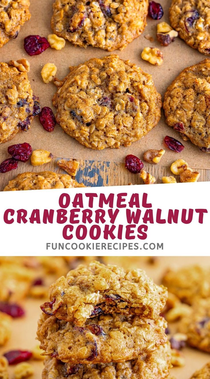 oatmeal cranberry walnut cookies are stacked on top of each other