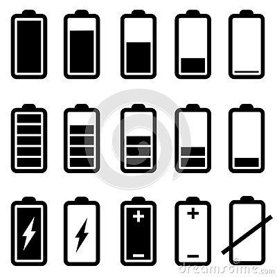 black and white battery icons set