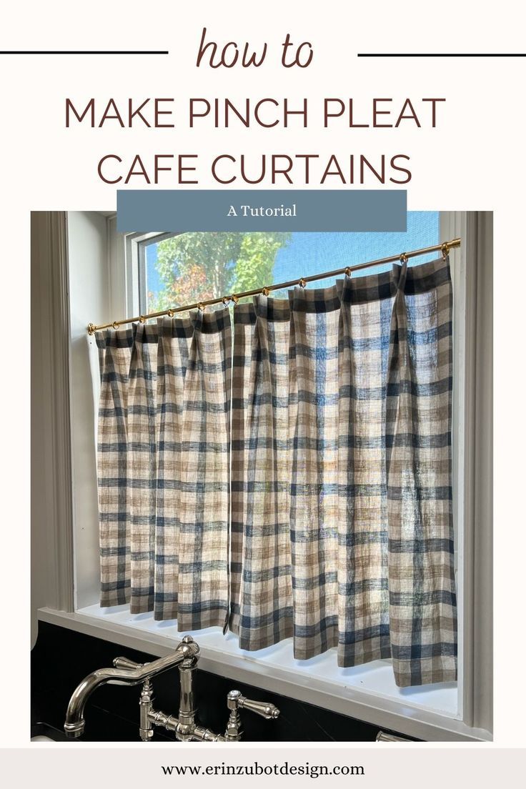 checkered beige and blue linen pinch pleated cafe curtains hanging in a kitchen window with a polished nickel bridge faucet and black soapstone countertops Pleated Cafe Curtains, Diy Kitchen Curtains, Kitchen Curtains And Valances, Cafe Curtains Kitchen, Affordable Curtains, Cottage Curtains, Cafe Curtain Rods, Kitchen Window Curtains, Cafe Curtain