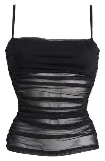 Sheer panels add to the allure of this flirty mesh camisole designed with shapely ruching down the sides. 16 1/2" center front length (size Medium) Square neck Adjustable straps Partially lined 95% polyester, 5% spandex Machine wash, tumble dry Imported Chic Sleeveless Mesh Top With Built-in Bra, Summer Mesh Top With Built-in Bra For Night Out, Stretch Sleeveless Mesh Top With Built-in Bra, Sleeveless Stretch Mesh Top With Built-in Bra, Fitted Camisole With Built-in Bra For Club, Fitted Nylon Tank Top With Mesh Back, Black Ruched Nylon Top, Flirty Sleeveless Sheer Top, Summer Mesh Camisole With Built-in Bra