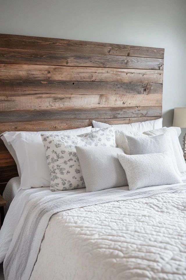 a bed with white linens and wooden headboard