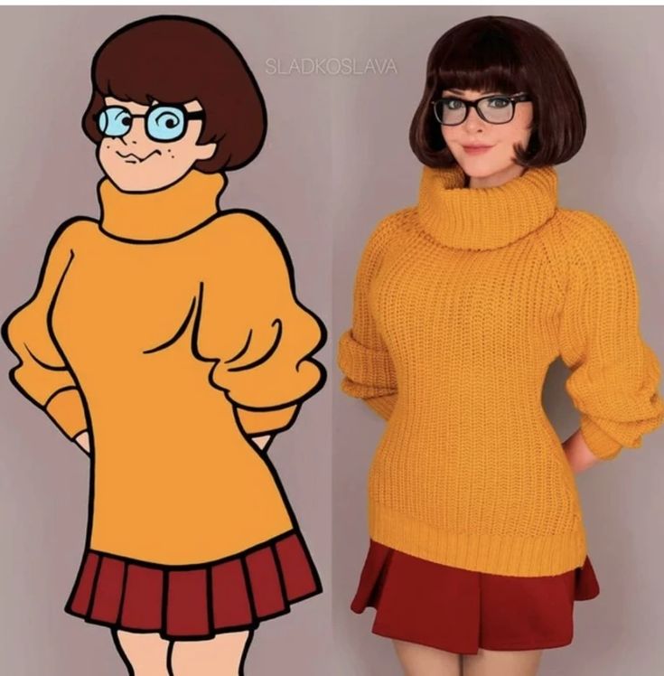 a woman with glasses standing next to a cartoon character