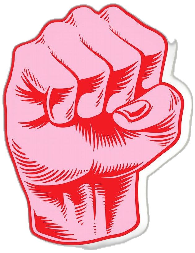 a pink fist sticker with red ink on it's left hand and two fingers in the middle