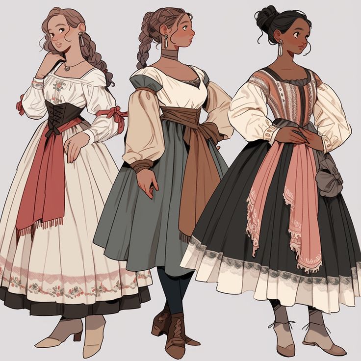 Clothing Studies Drawing, Villager Outfit Drawing, Female Chef Character Design, Simple Fantasy Outfits Drawing, Fanasty Outfits Drawing, Village Clothes Drawing, Cottagecore Outfit Drawing, 1700s Character Design, 1800 Character Design