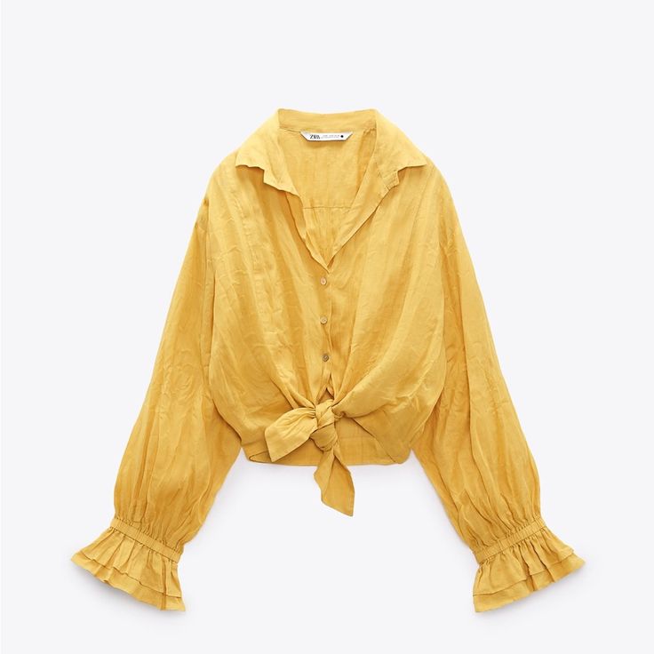 Zara Knotted Ramie Linen Shirt Color: Yellow Size: Xs New Without Tags Elegant Yellow Summer Shirt, Chic Summer Shirt For Brunch, Chic Summer Brunch Shirt, Chic Zara Tops For Daywear, Zara Long Sleeve Tops For Daywear, Zara Tops For Daywear In Fall, Zara Tops For Fall Daywear, Trendy Spring Shirt For Brunch, Zara Cotton Tops For Brunch