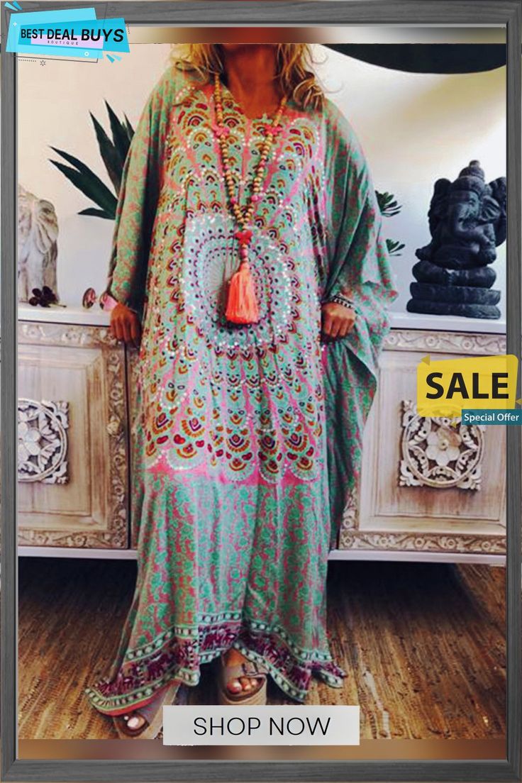 Women Casual Loose Top Tunic Maxi Dress Loose Spring Vacation Dresses, Green Long Sleeve Dress For Beach Season, Multicolor Loose Dress For Vacation, Loose Floral Print Beach Dress, Loose Multicolor Vacation Dress, Loose Multicolor Dress For Vacation, Green Long Sleeve Maxi Dress For Beach Season, Long Sleeve Green Maxi Dress For Beach Season, Green Flowy Long Sleeve Boho Dress