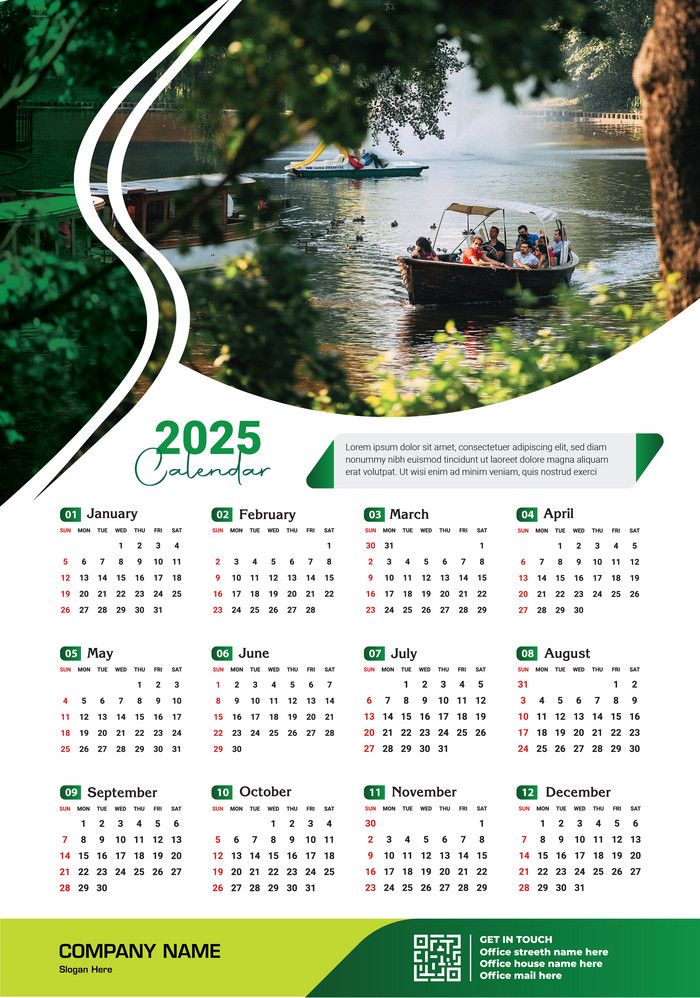 a green and white calendar with boats on the water in front of some trees,