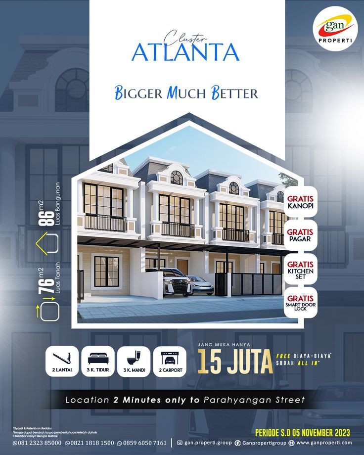 an advertisement for the atlanta bigger much better house in front of a building with lots of windows