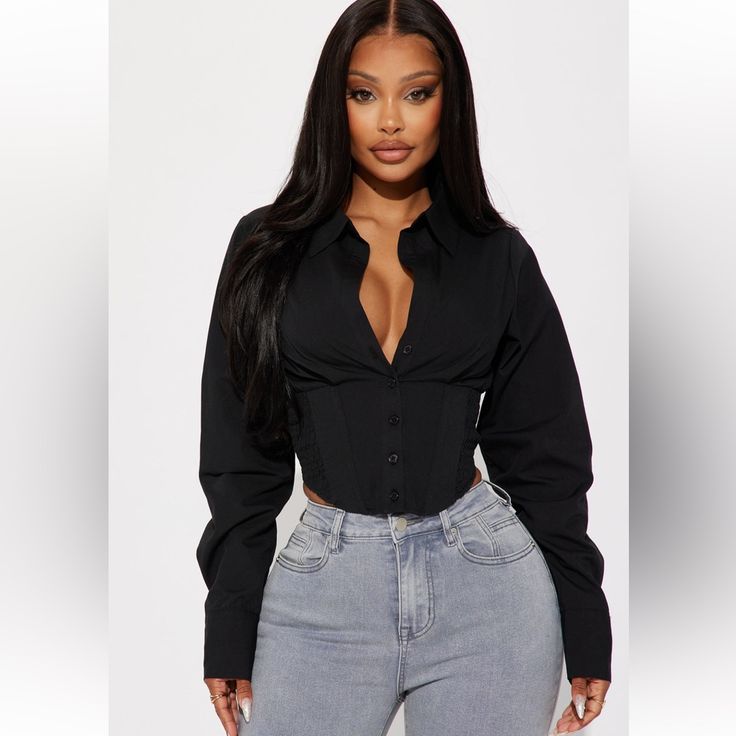 Purchased Two Sizes Because I Wasn’t Sure How It Would Fit Me. So I Am Selling The One I Did Not Wear Because I Do Not Need Two. Corset Fits, Fashion Nova Shirts, Short Faux Fur Jacket, Corset Shirt, Scoop Neck Bodysuit, Oversized Shirts, Pink Bodycon Dresses, Striped Bodysuit, Women's Button Down Shirt