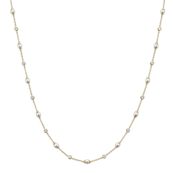 Athena Premium Akoya Cultured Pearl and Diamond Strand Necklace - 14K Yellow Gold. This lovely necklace features Akoya pearls and shining diamonds placed evenly across a lustrous cable chain with sizing stations at 14 in. and 16 in. to suit individual preference (3/8 total carat weight). Yellow Gold Single Strand Pearl Necklace For Wedding, Diamond White Necklace With Pearl Chain, Yellow Gold Diamond Necklace With Pearl Drop, Yellow Gold Single Strand Necklace For Wedding, Diamond White Necklaces With Pearl Chain, Fine Jewelry Diamond White Pearl Chain Necklace, White Pearl Diamond Necklace With Pearl Chain, Fine Jewelry Diamond White Pearl Necklace, White Diamond Necklace With Pearl Chain