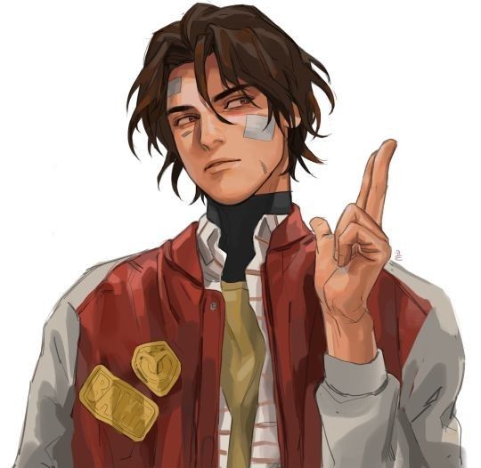 a drawing of a young man making the peace sign with his hand and wearing a red jacket