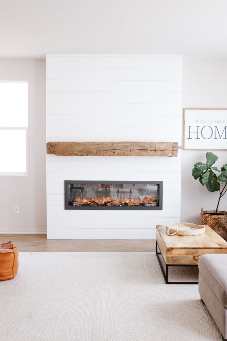 a living room with a couch, coffee table and fire place in the fireplace that is built into the wall