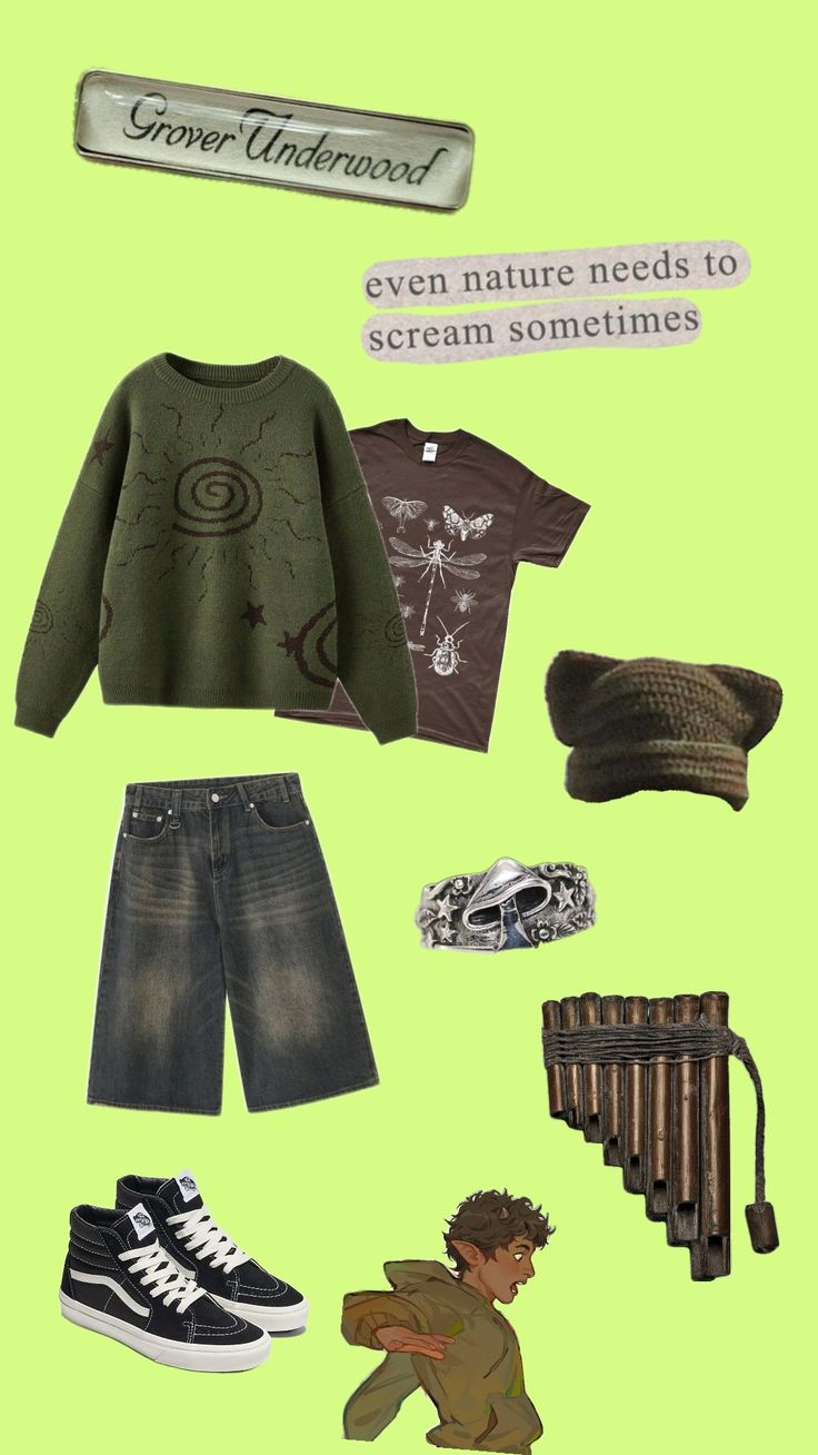 an assortment of clothing and accessories are arranged on a green background with the words, even nature needs to scream sometimes