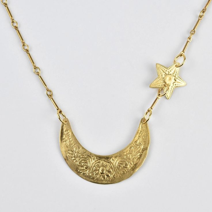 Lyra Necklace - Goldmakers Fine Jewelry Handmade Artisan Pendant Charm Necklaces, Handmade Bronze Brass Charm Necklaces, Celestial Necklaces With Adjustable Chain As Gift, Celestial Necklace With Adjustable Chain Gift, Unique Adjustable Charm Necklace, Artisan Crescent Moon Charm Necklaces, Artisan Necklace With Moon Charm, Artisan Style Necklaces With Adjustable Chain, Symbolic Jewelry With Adjustable Chain