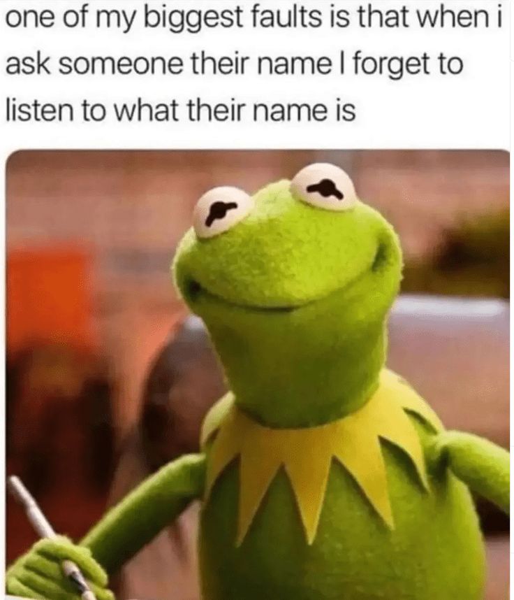 kermik the frog holding a pen and paper with caption that reads, when one of my biggest faults is that i ask someone their name forget to listen to what their name is