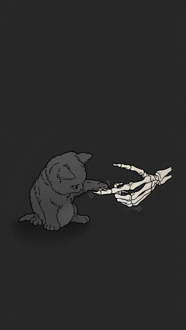 a black and white drawing of a cat playing with a skeleton's hand on a dark background