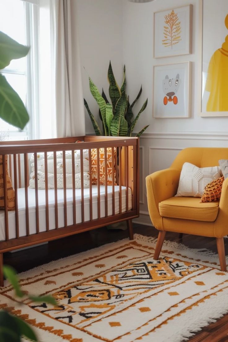 A vibrant nursery decorated with colorful accents and cheerful motifs. Discover styled ideas for diversely themed baby rooms, infusing brightness with adorable decor, one image showcased. Mid Century Mod Nursery, Colorful Modern Nursery, Nursery Ideas Girl Colorful, Fun Gender Neutral Nursery, Simple Colorful Nursery, Mid Century Nursery Girl, Unique Nursery Ideas Colorful, Retro Nursery Girl, Warm Nursery Ideas