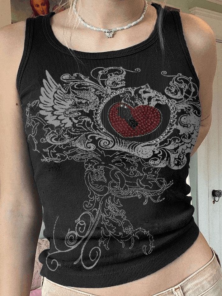 Y2K E-Girls Floral Long Sleeve Crop Top Heart Rhinestone Rib Crop Tank Top - AnotherChill Black Crop Top Tank, Graphic Tank Tops, Y2k Clothing, Knitted Tops, Cropped Tops, Streetwear Tshirt, Mua Sắm, Print Crop Tops, Knit Crop Top