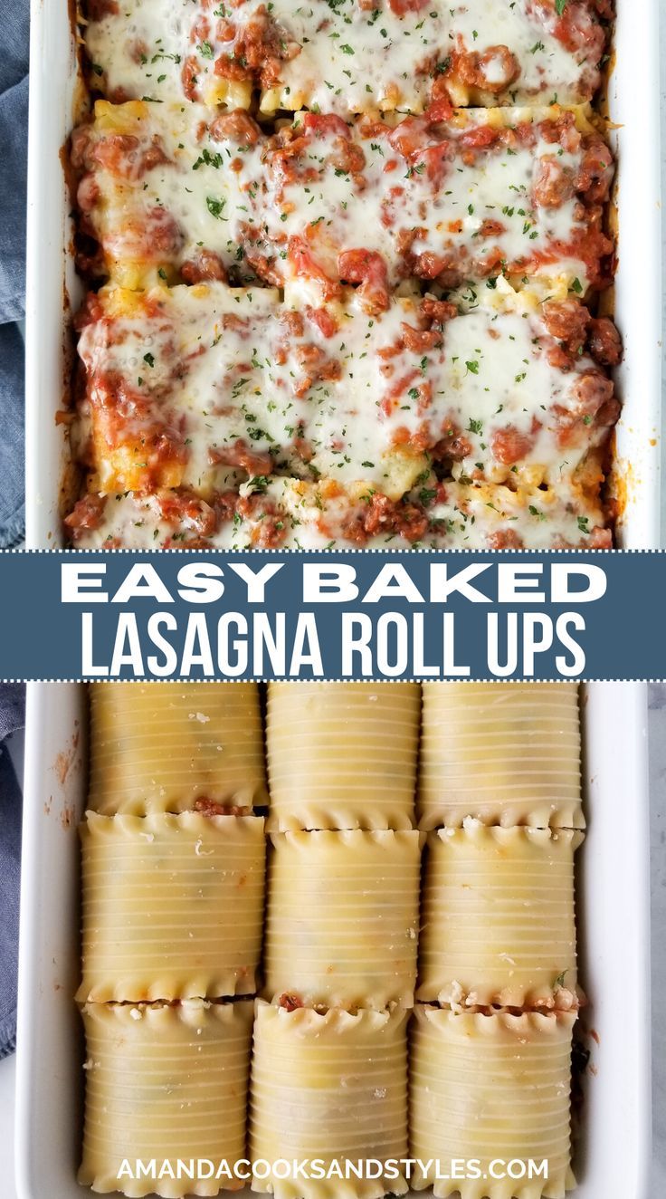 easy baked lasagna rolls in a casserole dish with cheese and sauce