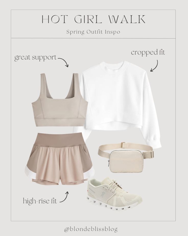 Feminine Workout Outfit, Chic Workout Outfit, Neutral Workout Outfits, Neutral Athleisure Outfit, Fancy Athleisure, White Workout Outfit, Neutral Outfit Spring, Cropped Sweatshirt Outfit, Athleisure Fits