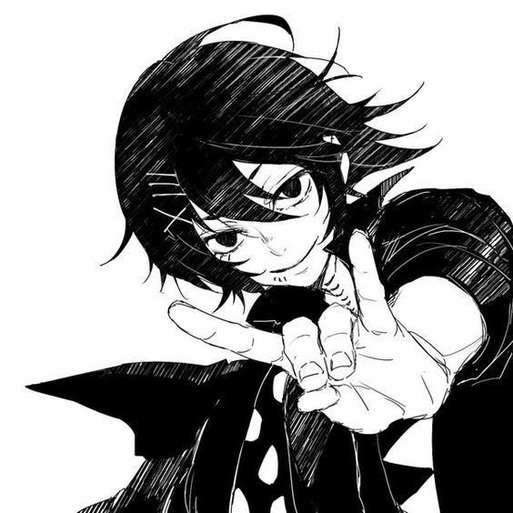 an anime character pointing to the side with his finger in black and white, while wearing a