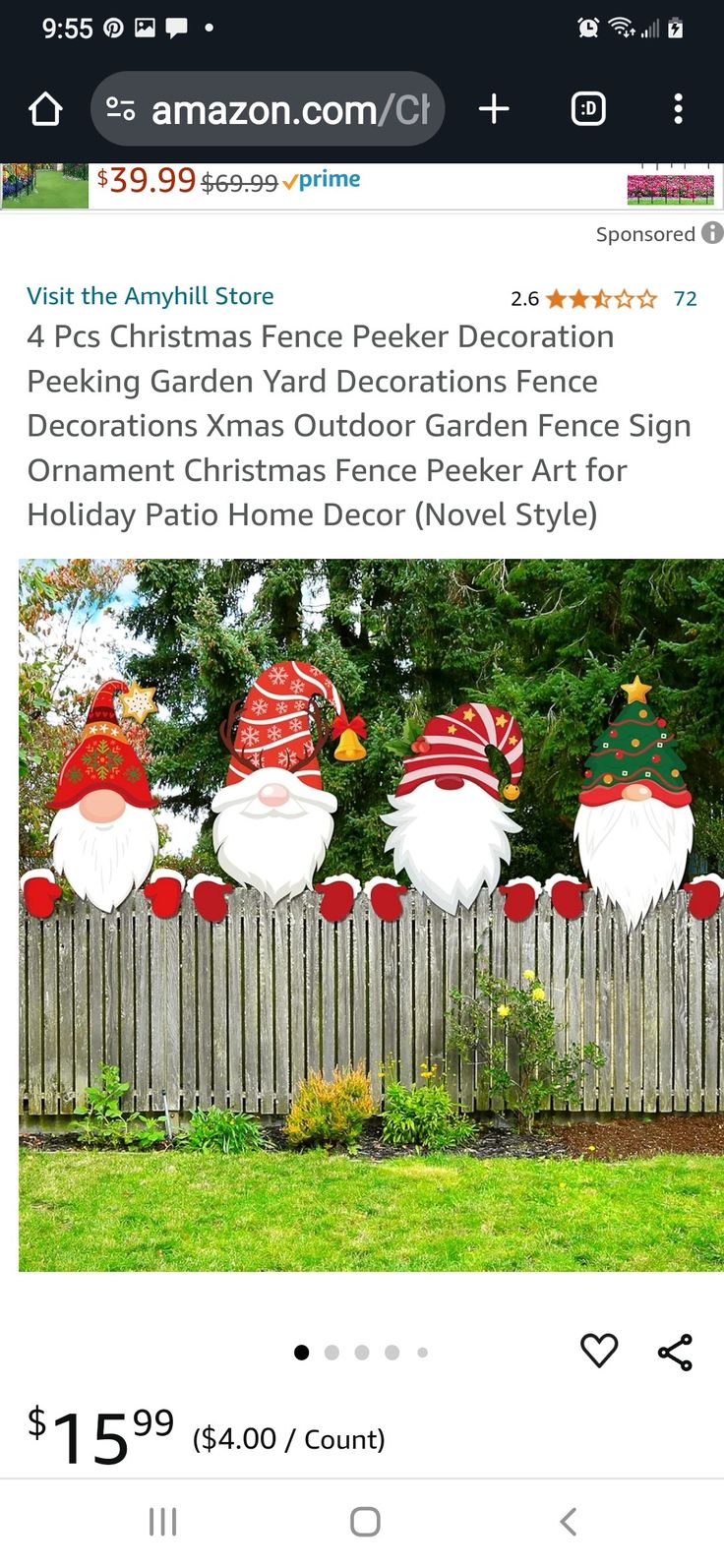 an image of christmas decorations on the fence in front of a yard with santa hats