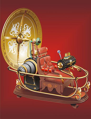 a golden clock sitting on top of a wooden sleigh with gears attached to it