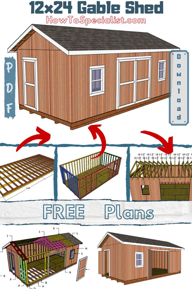 the plans for a small shed are shown in three different stages, including roof and side walls