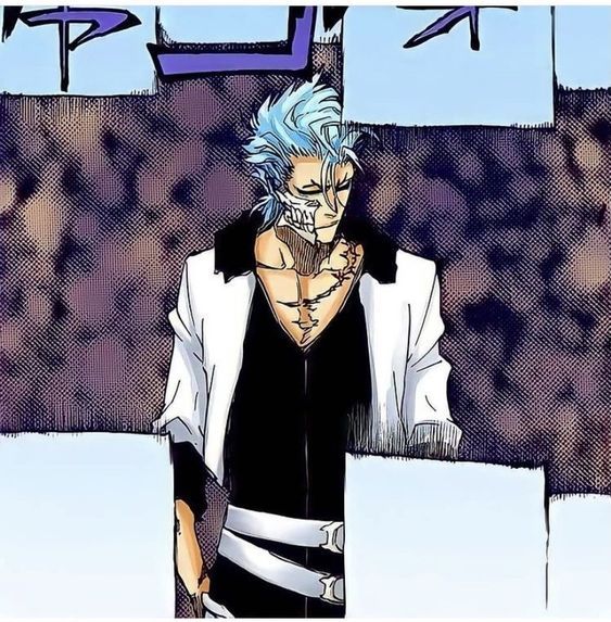 an anime character with blue hair standing in front of a wall