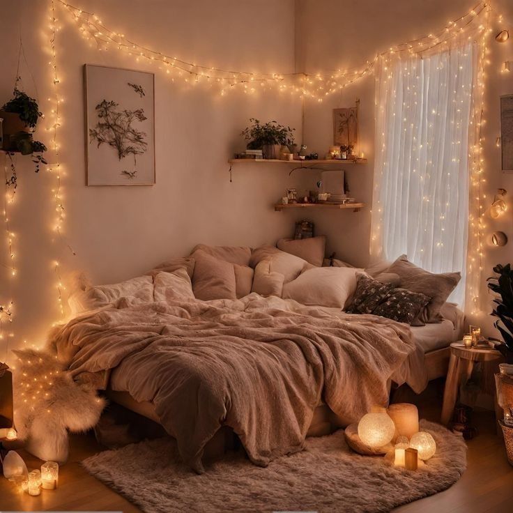 a bedroom with lights strung over the bed and rugs on the floor in front of it