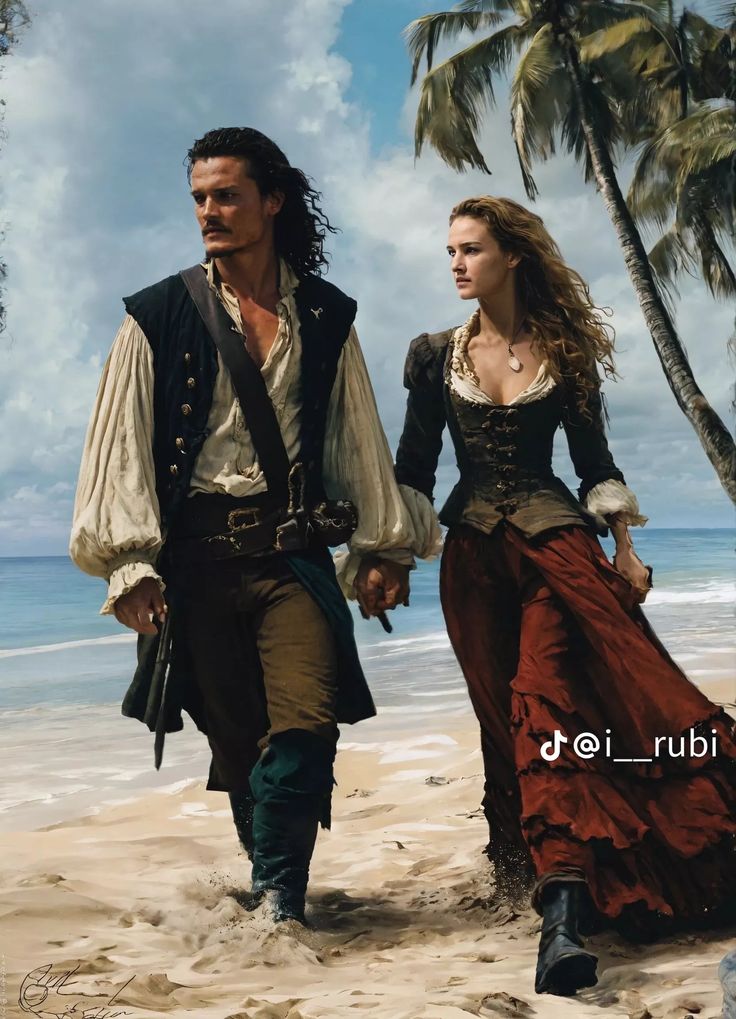 a man and woman dressed as pirates walking on the beach