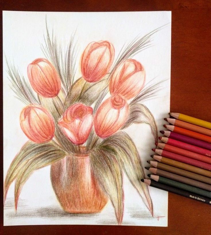 colored pencils next to a drawing of flowers in a vase