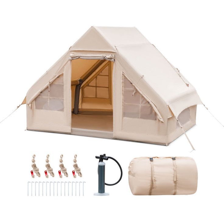 a tent with the door open and several accessories attached to it, including hoses