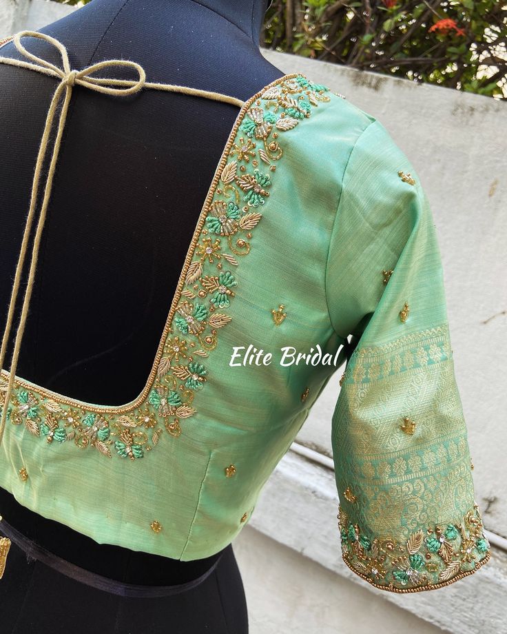 Floral Zardosi Work Blouse 💚🌿 Designer Bridal Blouse Designs, Blue Aari Blouse Designs, Latest Zardosi Work Blouse Designs, Zardosi Blouse Designs, Blouse Embroidery Designs Latest, Zardosi Work Blouse Weddings, Simple Zardosi Work Blouses, Maggam Blouse Designs, Simple Work Blouse Designs