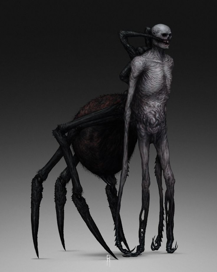 a creepy looking creature standing next to a giant spider