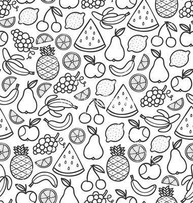 a black and white pattern with fruit on it