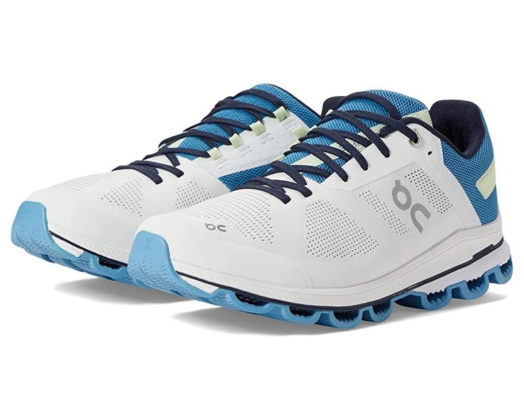 On Cloudsurfer - Men's Running Shoes : White/Niagara : Ride that sweet, plush, responsive wave by lacing into the Cloudsurfer from On. On footwear inspires a more efficient running style by promoting a more forward foot strike, as well as a centered and energized running position. Benefits: On delivers a blend of the injury protection found in traditional running shoes, with the natural ride of its lightweight counterpart. Ideal for all types of runners looking for a cushioned, responsive traine Lightweight Lace-up Running Sneakers, Lace-up Trail Running Shoes With Air Cushioning, Casual Synthetic Lace-up Trail Running Shoes, Comfortable Synthetic Running Shoes For Outdoor, Comfortable Synthetic Outdoor Running Shoes, Comfortable Walking Shoes With Air Cushioning For Outdoor, Comfortable Outdoor Synthetic Running Shoes, Lace-up Synthetic Running Shoes For Outdoor Activities, Cushioned Lace-up Walking Shoes For Outdoor Activities