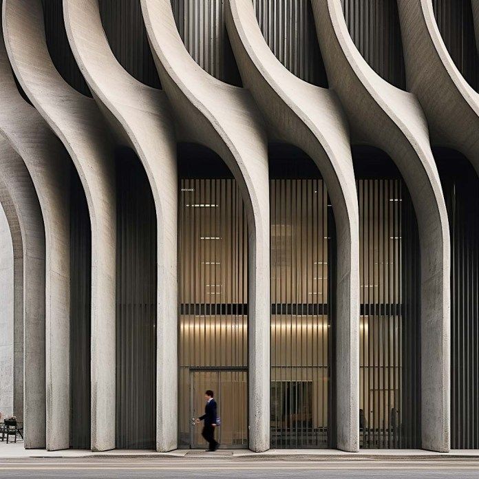 a man walking past a tall building with curved columns